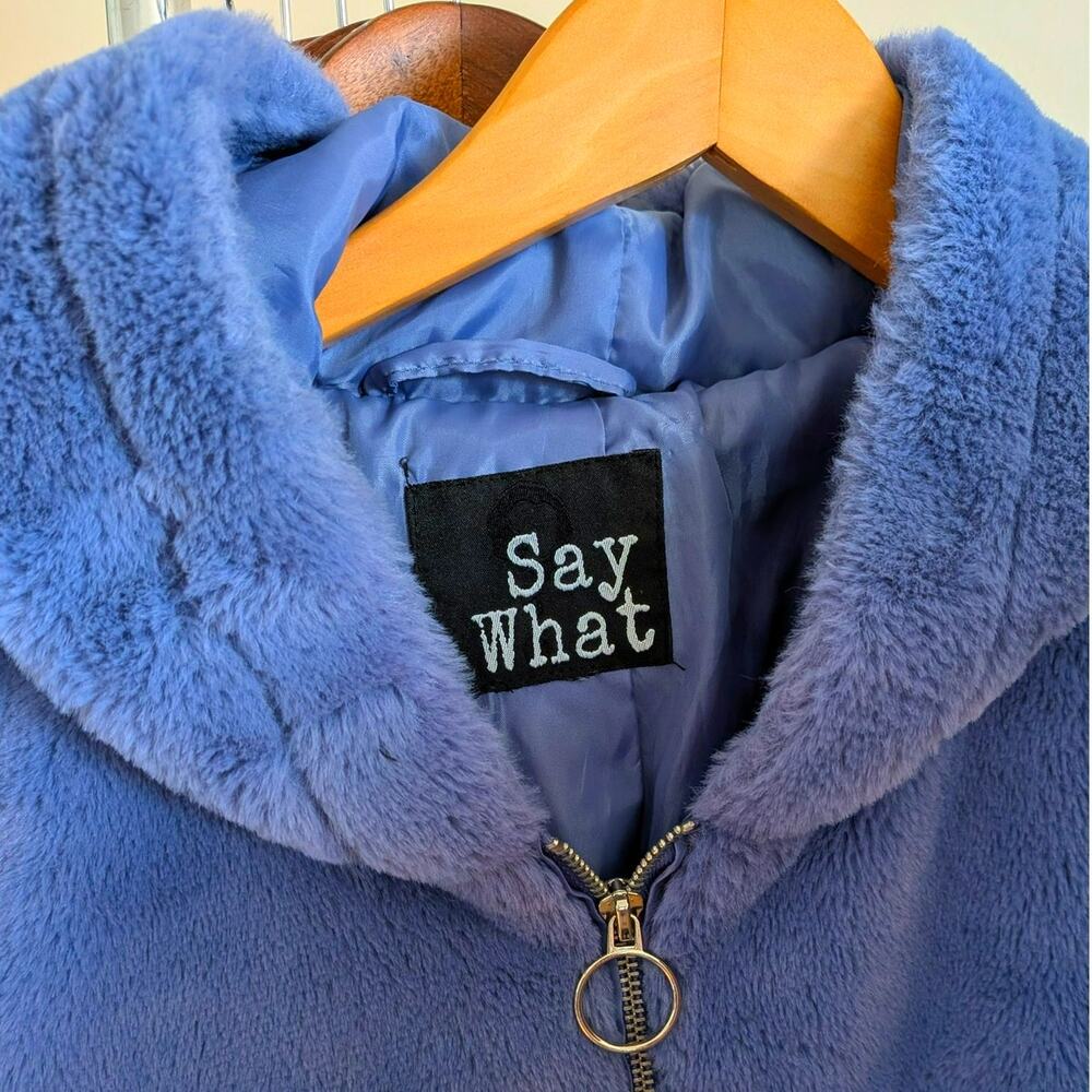 Y2K Blue Faux Fur Jacket Furry Hooded Zip Up Sweatshirt M Velvet Fuzzy Sweater - Picture 6 of 7